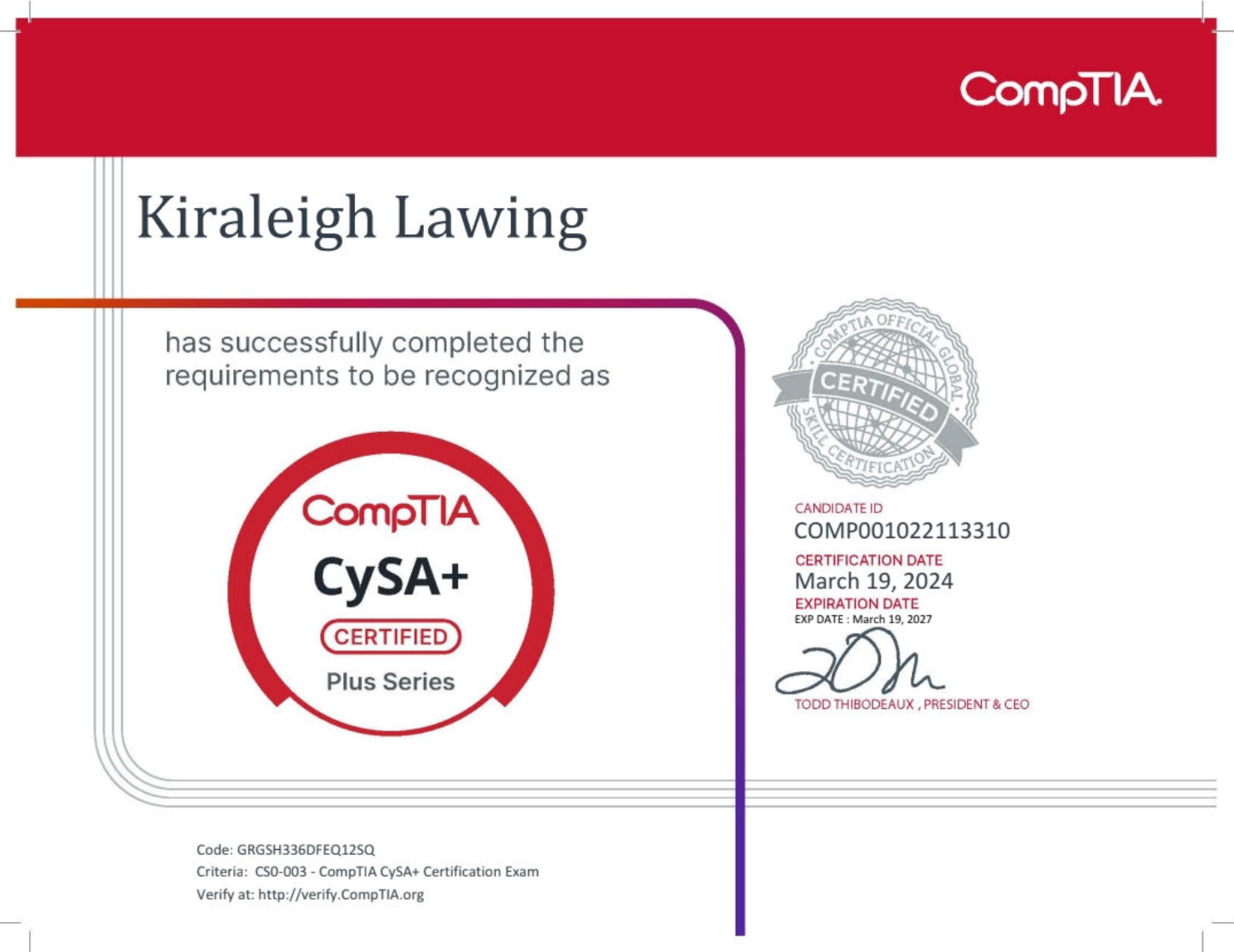 CompTIA CySA+ certification badge